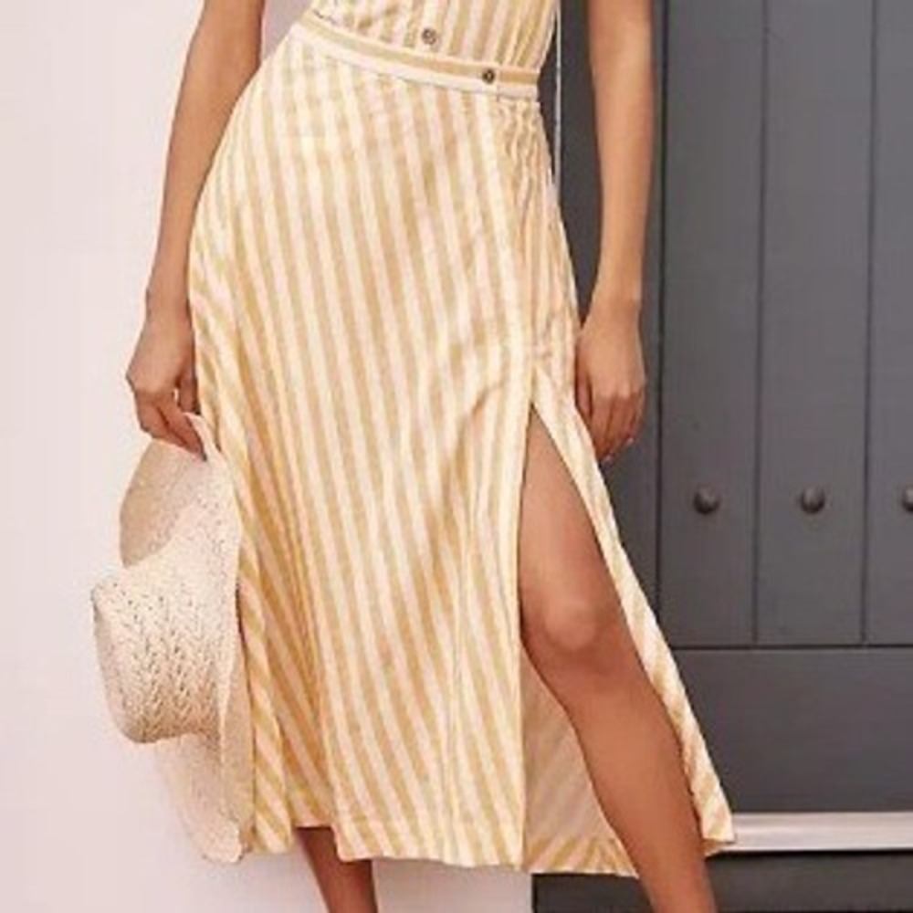 Celandine Anthropologie Wrap Midi Skirt Women M Yellow White Striped Button Side